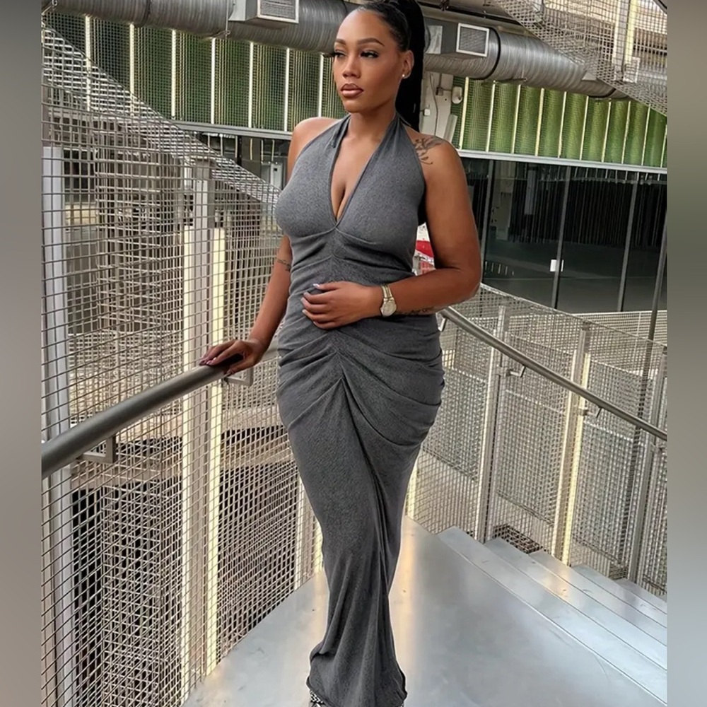 Halter Neck Backless, Grey Plunging Ruched Maxi Dress, Women's Clothing. New.